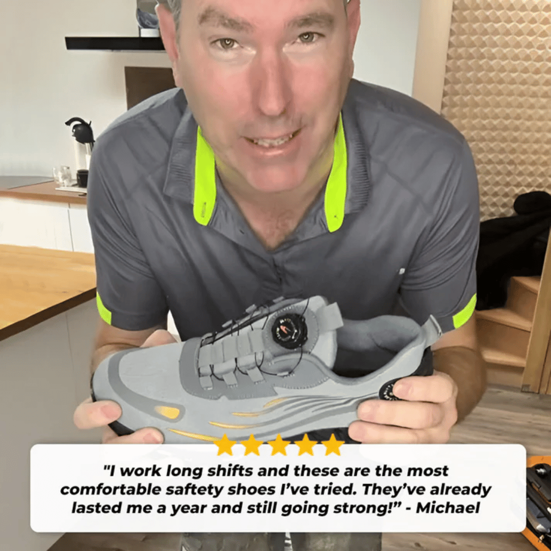 A pair of black safety sneakers designed for comfort, featuring a text overlay that reads 'BUILT FOR SAFETY, DESIGNED FOR COMFORT' and a graphic indicating 'Glass Breaker Proof'. There are also stars indicating a rating and a count of '12,345+ Happy Customers'.