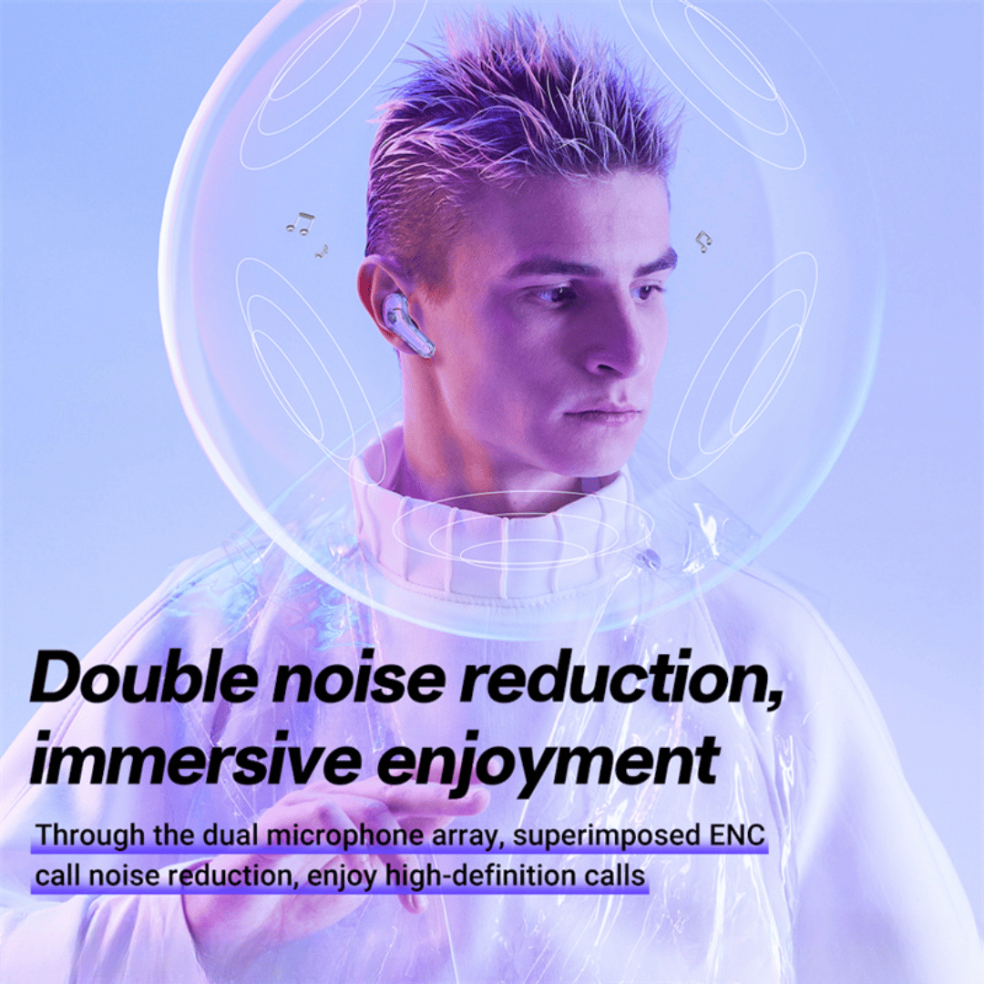 Wireless earbuds with digital display on a light blue background