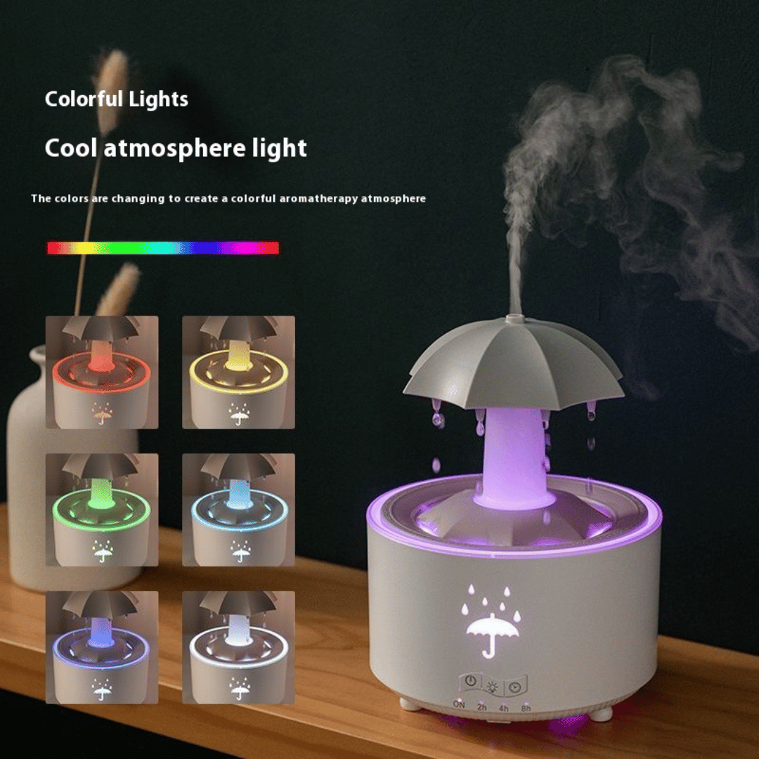 Umbrella-shaped humidifier with colorful lights on a wooden surface