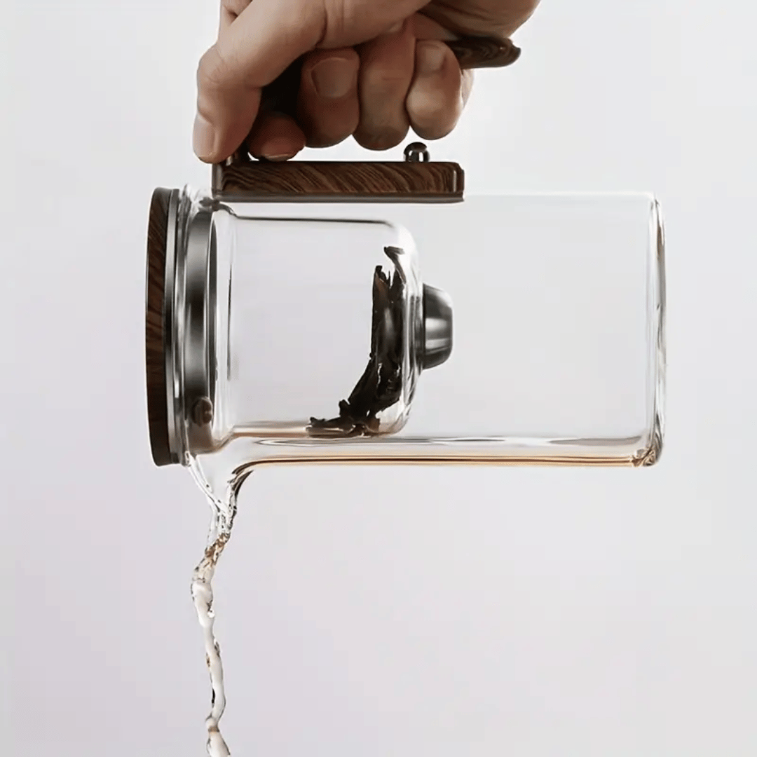 ZenFlow Glass Teapot lifestyle shot with tea brewing inside transparent borosilicate glass