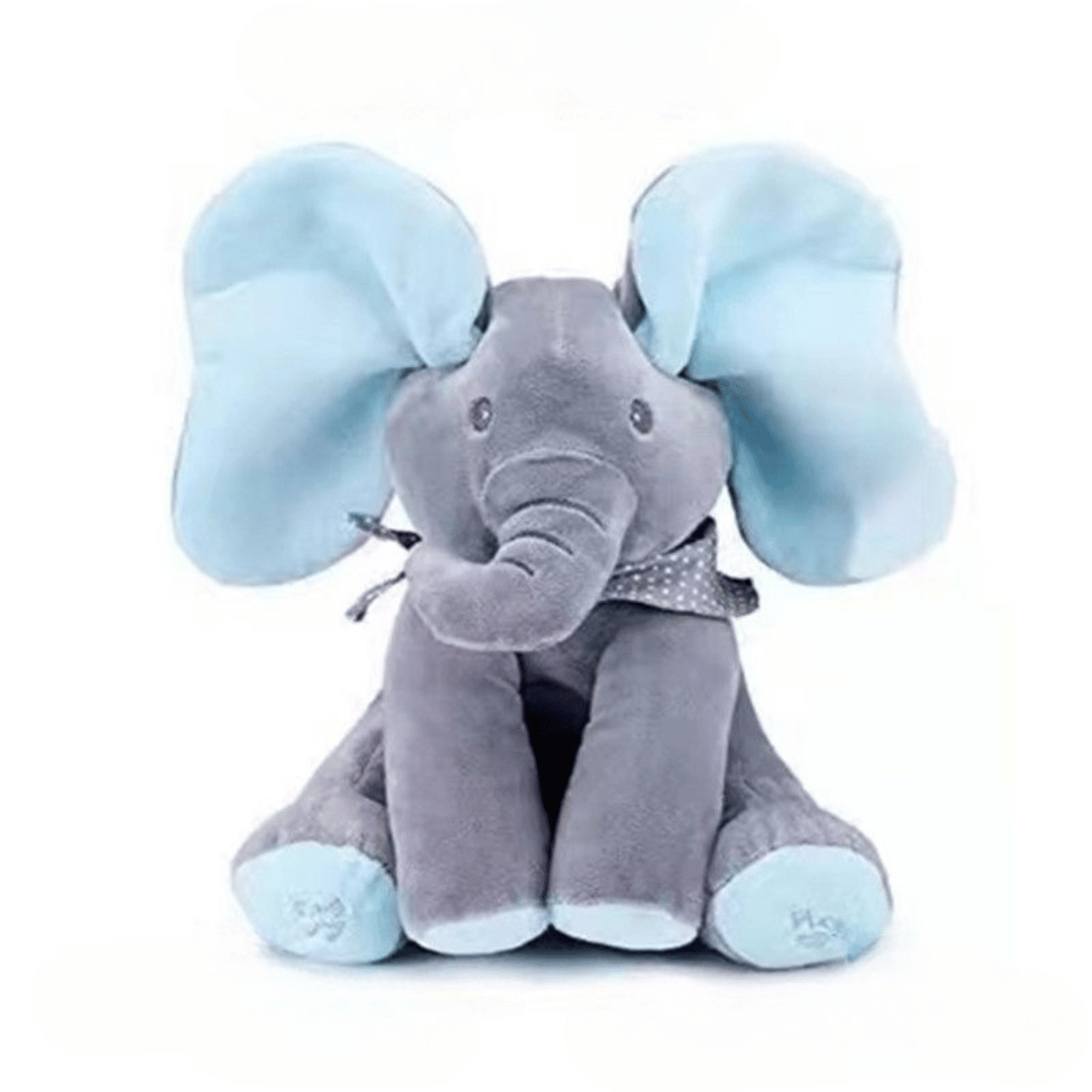 Animated elephant plush toy - detailed view of soft plush material and safe baby toy design