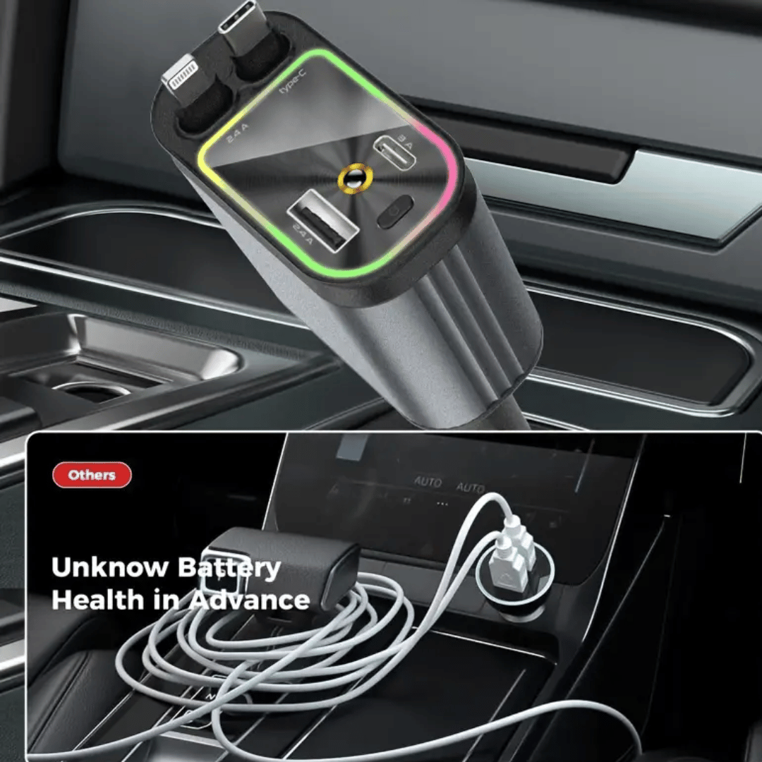 SkyFuse 4-in-1 car charger with 120W power output and LED starry sky design for multiple device charging