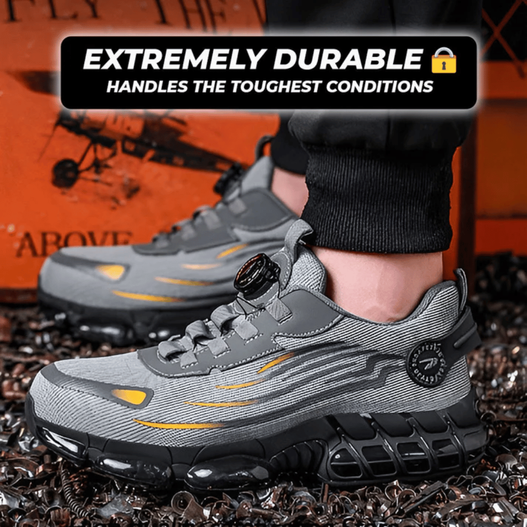 A pair of black safety sneakers designed for comfort, featuring a text overlay that reads 'BUILT FOR SAFETY, DESIGNED FOR COMFORT' and a graphic indicating 'Glass Breaker Proof'. There are also stars indicating a rating and a count of '12,345+ Happy Customers'.
