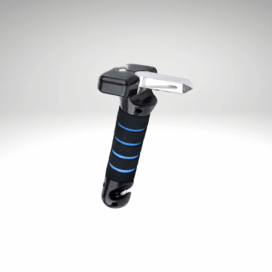 Two multifunctional vehicle safety handles with black, red, and blue grips, designed for stability and emergency tools
