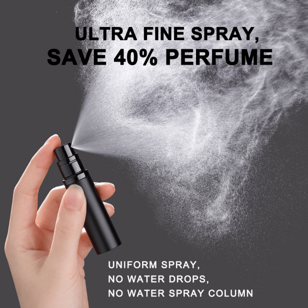 A hand holding a black travel-size perfume atomizer with a fine spray of perfume, highlighting the product's capability to spray without water drops.