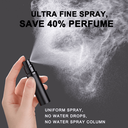 A hand holding a black travel-size perfume atomizer with a fine spray of perfume, highlighting the product's capability to spray without water drops.