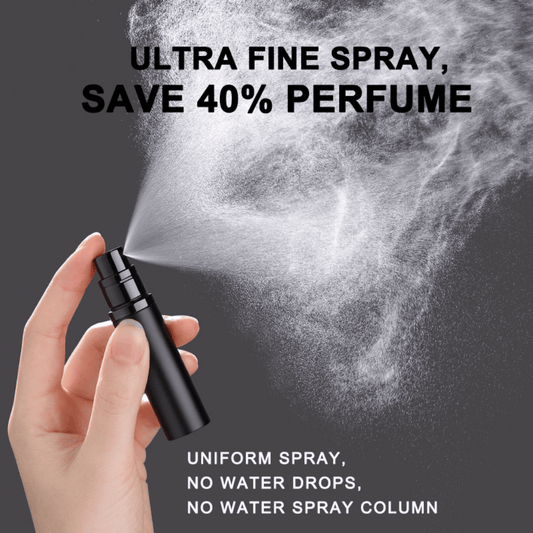 A hand holding a black travel-size perfume atomizer with a fine spray of perfume, highlighting the product's capability to spray without water drops.