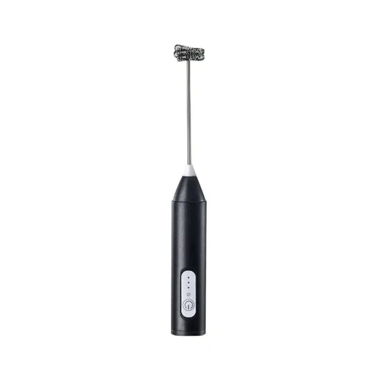 Black handheld milk frother on a white background