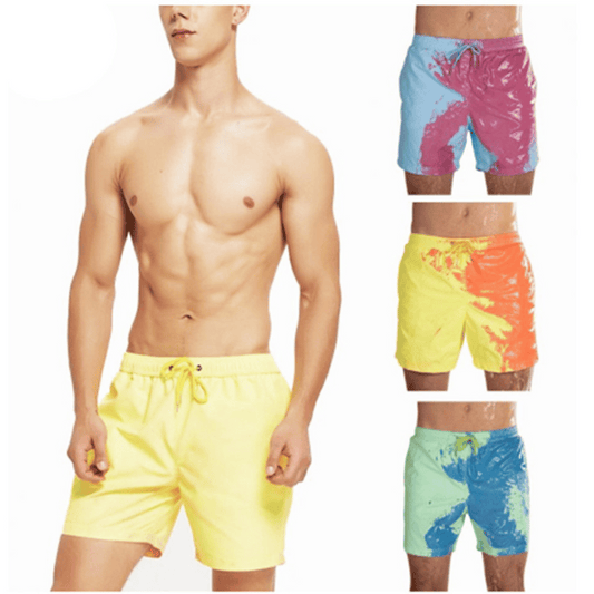 A collection of SplashShift Shorts in various colors, featuring a man modeling the yellow pair, with other pairs shown in blue, orange, and green splattered patterns.