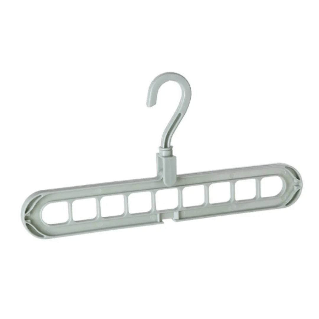 A set of multi-functional space-saving hangers arranged in a wardrobe, holding various garments.