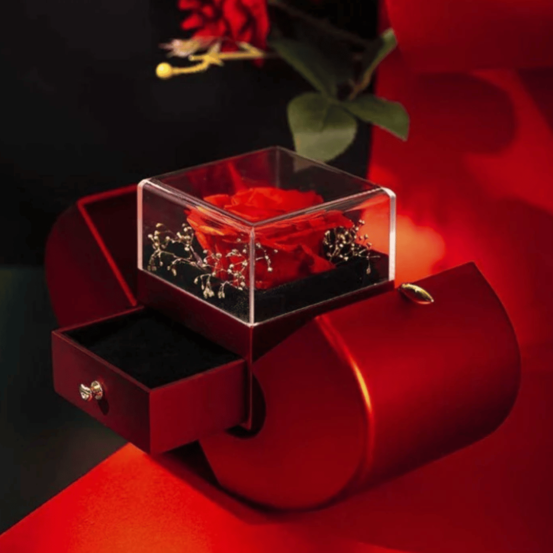 Forever Love Gift Box opened - luxury presentation with preserved rose and jewelry