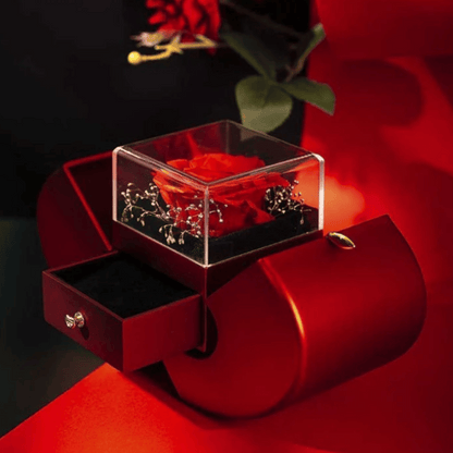 Forever Love Gift Box opened - luxury presentation with preserved rose and jewelry