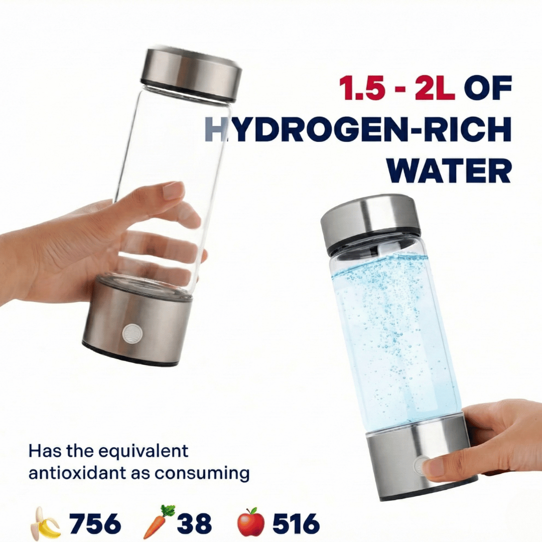 Two hydrogen-rich water bottles with a hand holding one, on a white background.