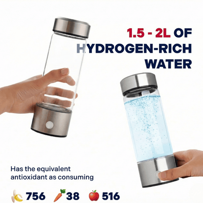 Two hydrogen-rich water bottles with a hand holding one, on a white background.