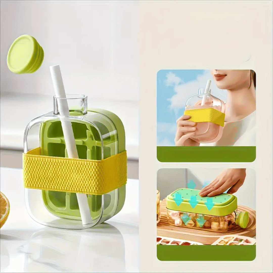 Green and yellow glass drink container with straw on a white surface