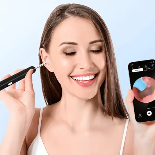 An illustration showing a cross-sectional view of an ear with the Visual Ear Cleaner being used. It highlights the 360° directional ear picking with no blind spots.