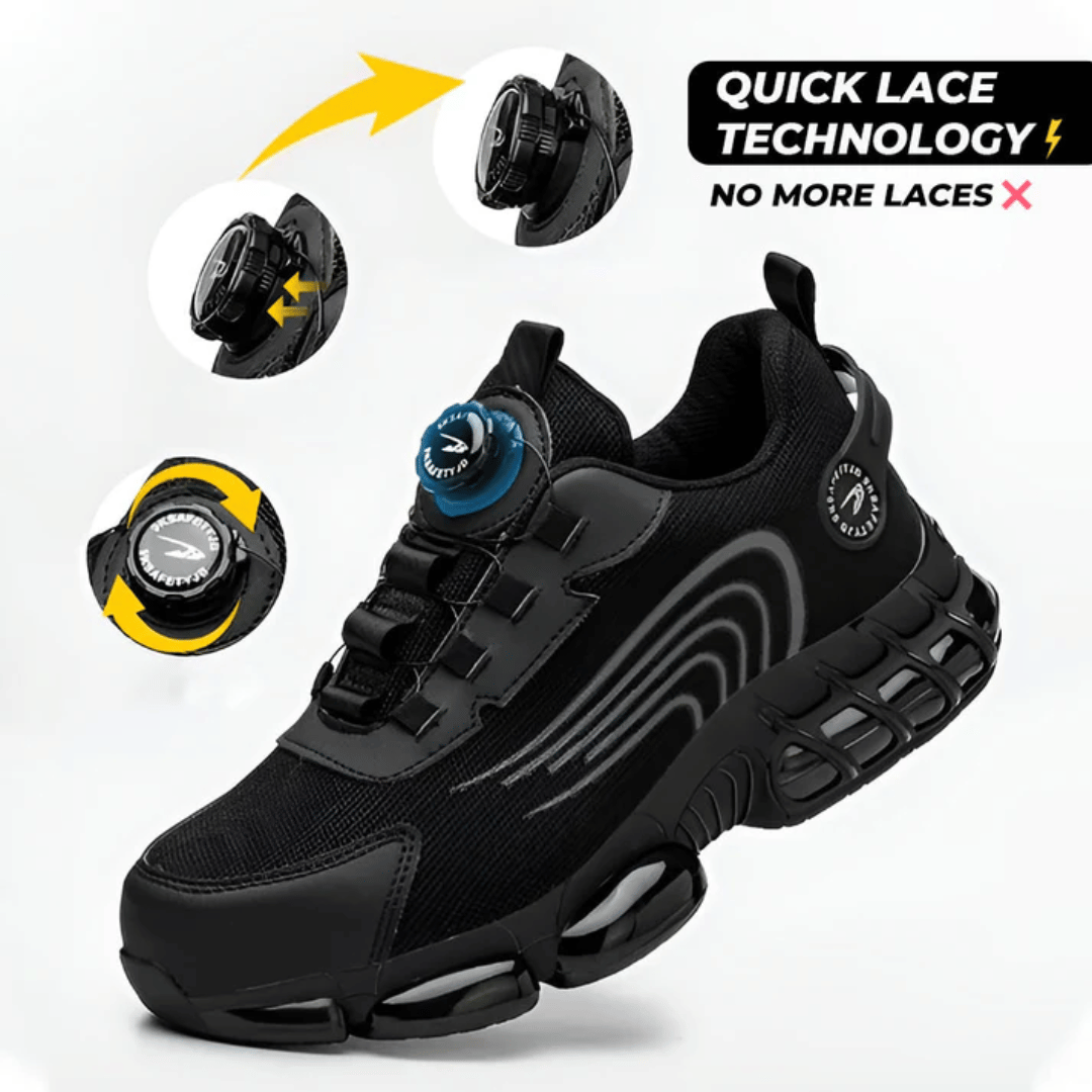 A pair of black safety sneakers designed for comfort, featuring a text overlay that reads 'BUILT FOR SAFETY, DESIGNED FOR COMFORT' and a graphic indicating 'Glass Breaker Proof'. There are also stars indicating a rating and a count of '12,345+ Happy Customers'.