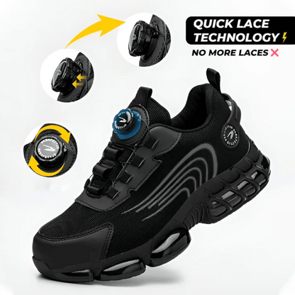 A pair of black safety sneakers designed for comfort, featuring a text overlay that reads 'BUILT FOR SAFETY, DESIGNED FOR COMFORT' and a graphic indicating 'Glass Breaker Proof'. There are also stars indicating a rating and a count of '12,345+ Happy Customers'.