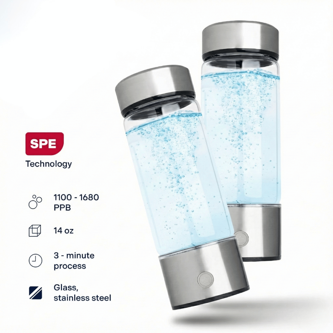 Two glass water bottles with silver lids on a white background, featuring SPE Technology branding.