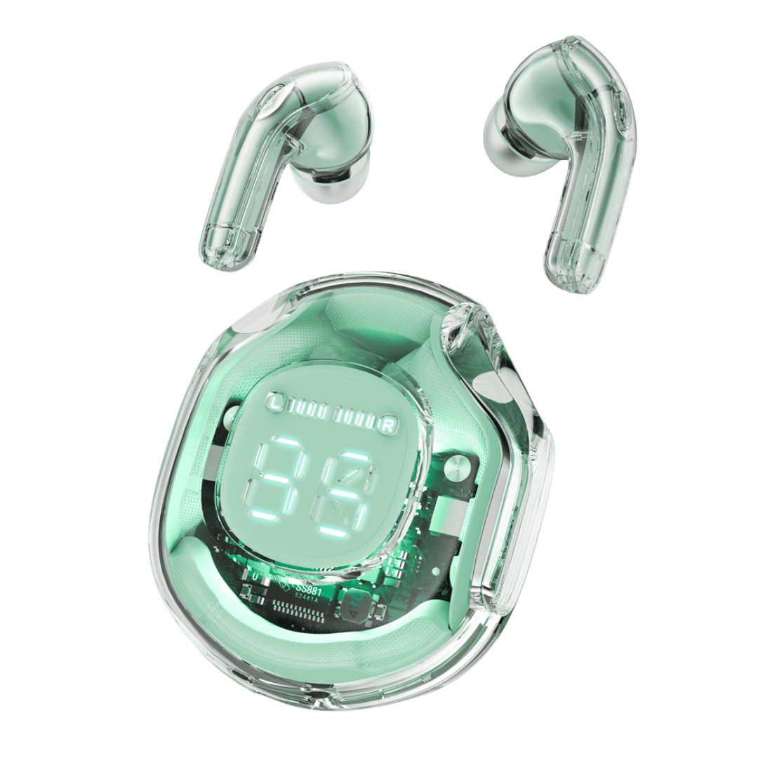 Wireless earbuds with digital display on a light blue background