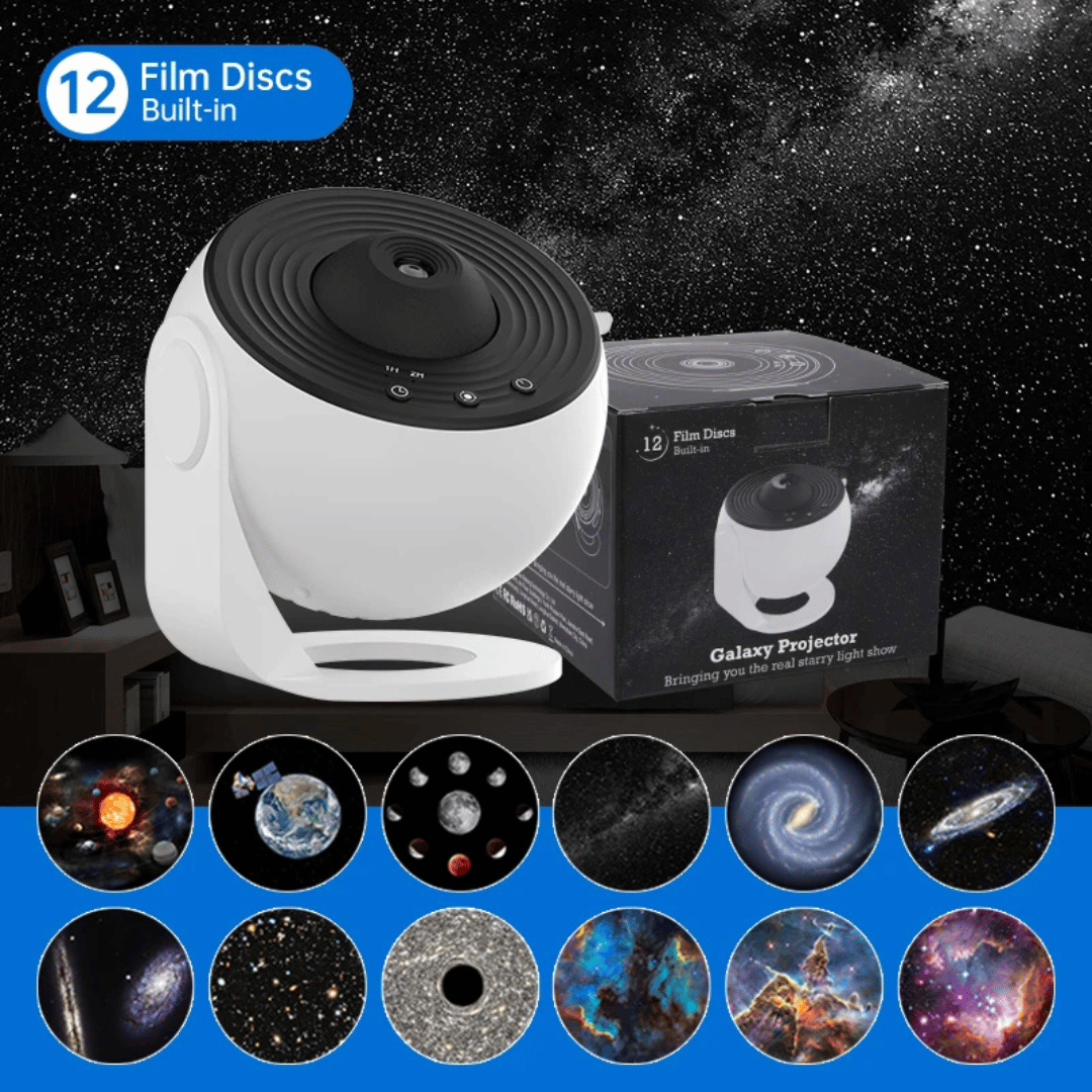 Galaxy projector with packaging and displayed starry sky images on a dark background