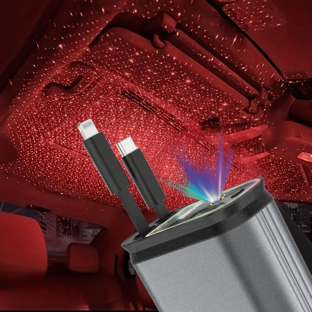 SkyFuse 4-in-1 car charger with 120W power output and LED starry sky design for multiple device charging