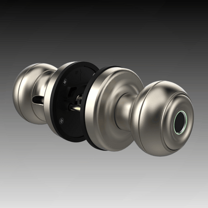A smart lock with a black door knob appearance and a blue light ring around the central button. A hand is holding a smartphone with the lock's app being used to manage the lock settings.