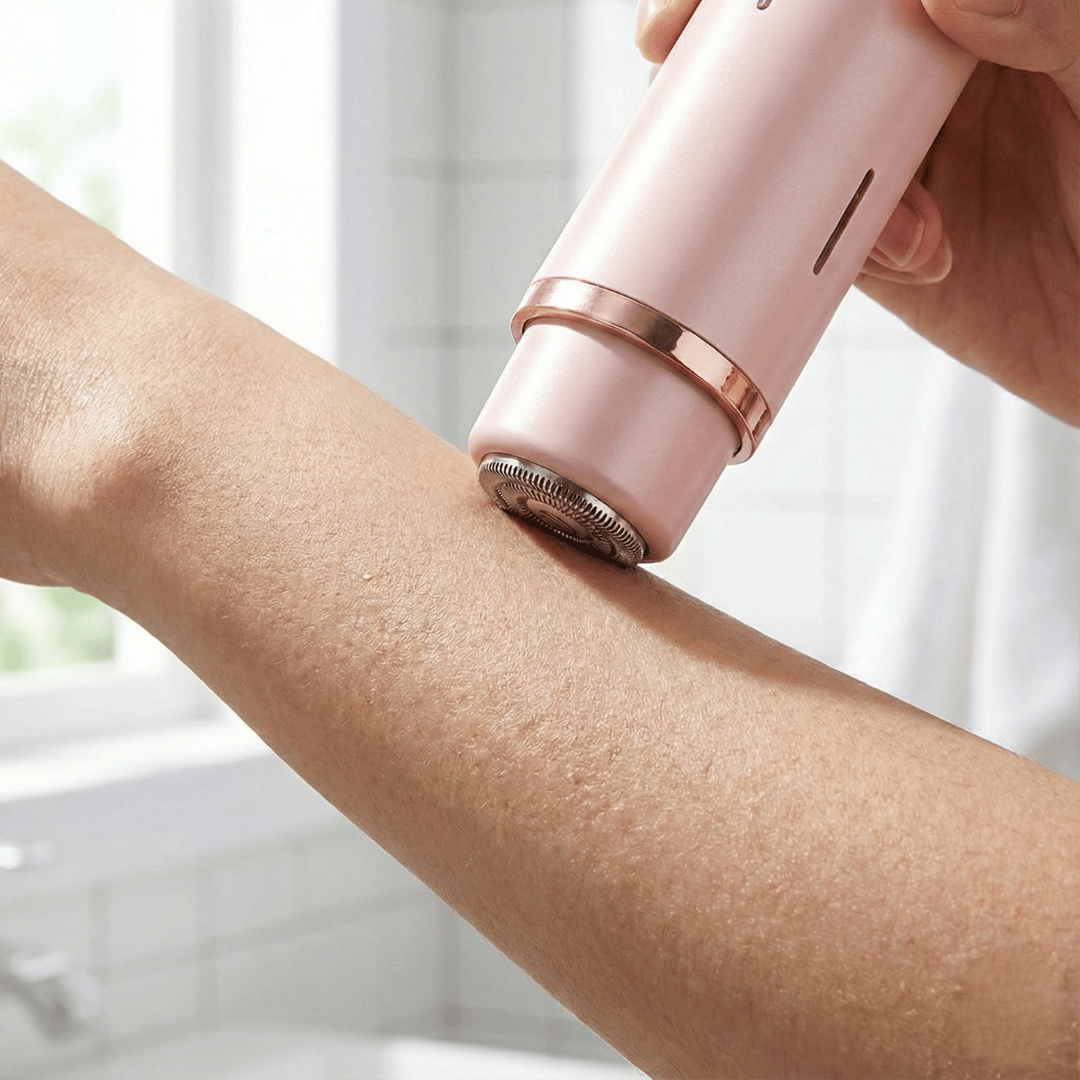 Person using a pink and rose gold hair removal device on their arm.