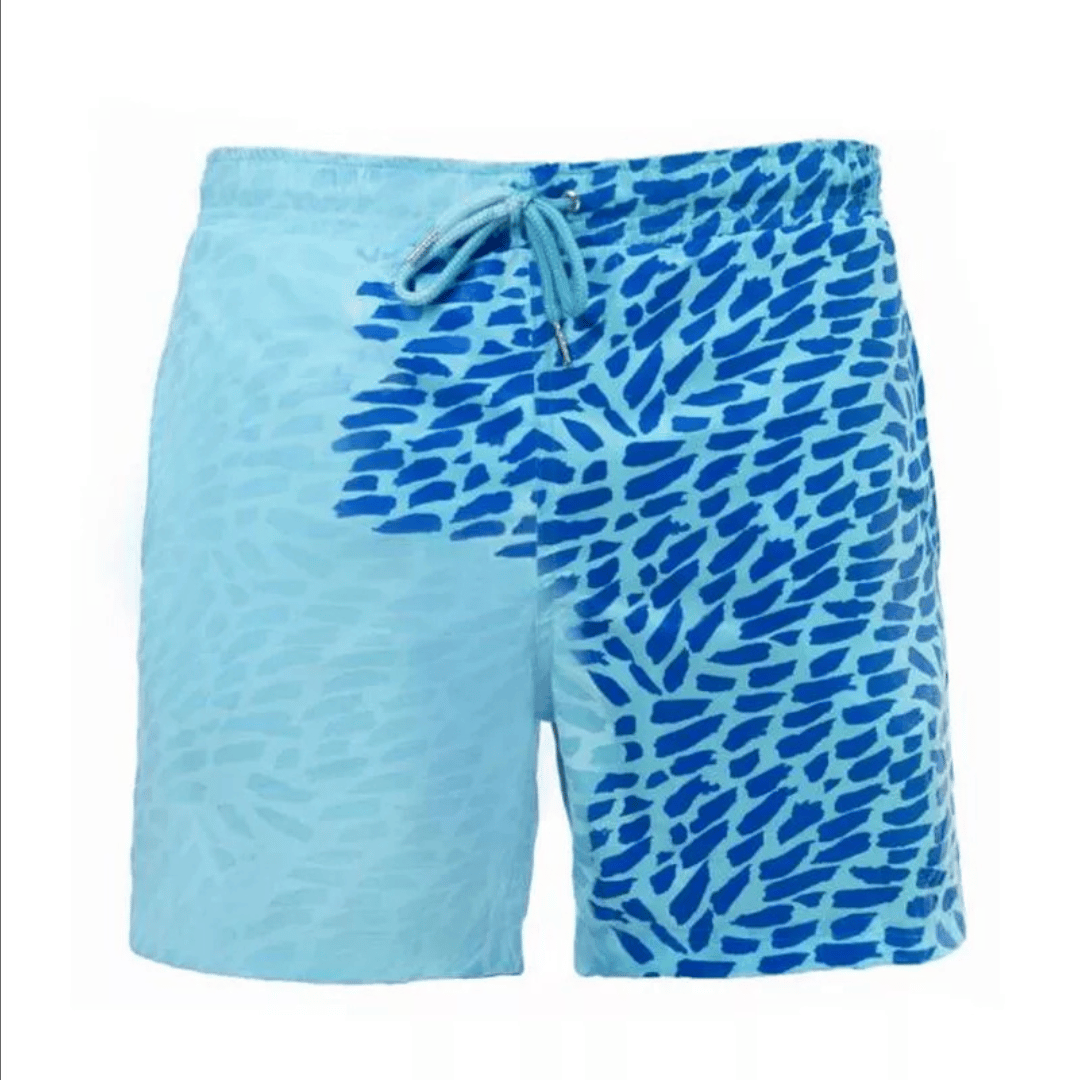 A collection of SplashShift Shorts in various colors, featuring a man modeling the yellow pair, with other pairs shown in blue, orange, and green splattered patterns.