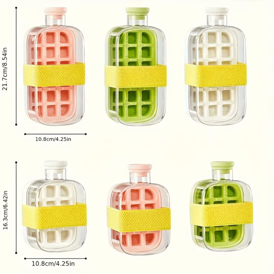 Set of three clear ice cube trays with grid patterns and yellow bands, shown with dimensions on a white background.