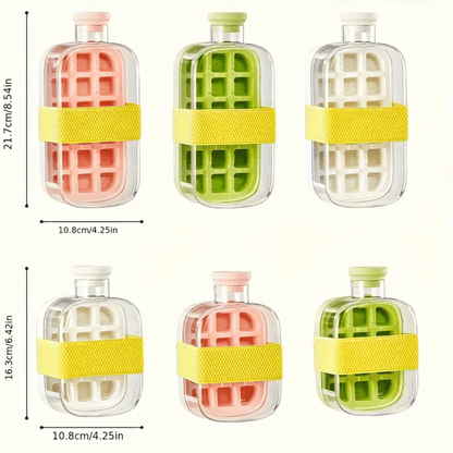 Set of three clear ice cube trays with grid patterns and yellow bands, shown with dimensions on a white background.
