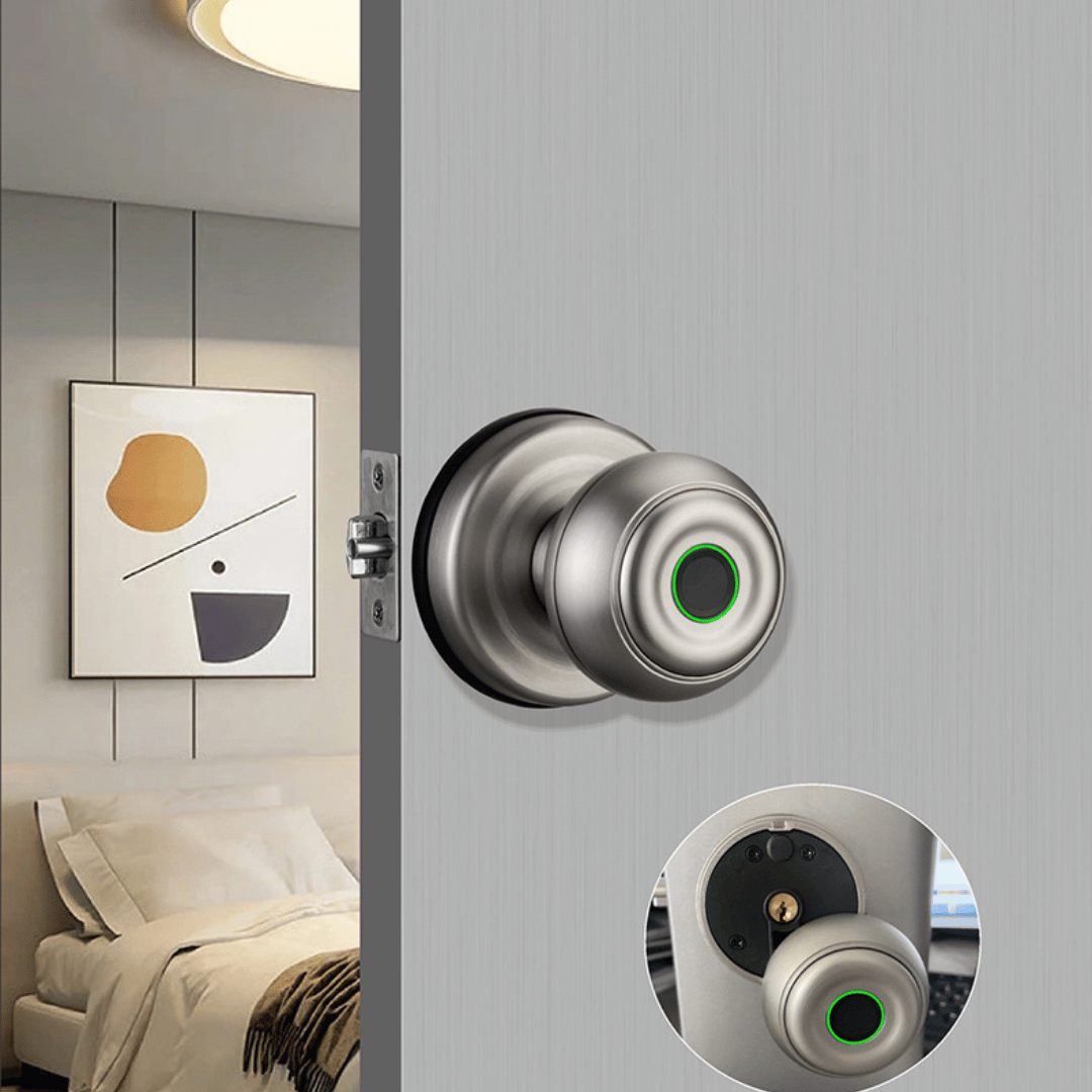 Smart lock on a door with a modern bedroom interior.
