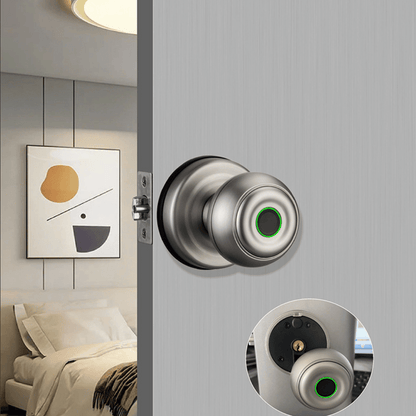 Smart lock on a door with a modern bedroom interior.