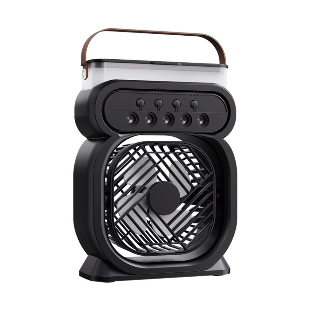 Black portable fan with a clear top on a white background