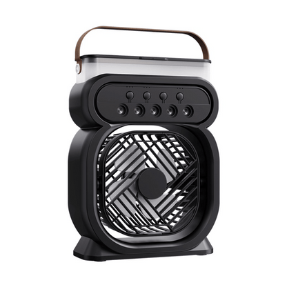 Black portable fan with a clear top on a white background