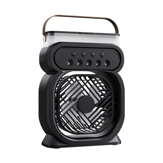 Black portable fan with a clear top on a white background