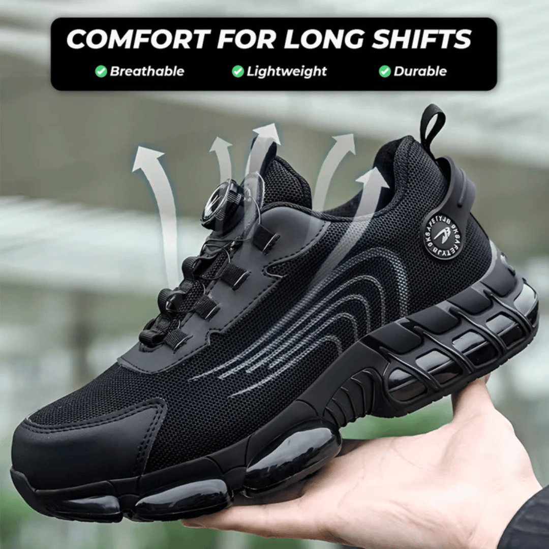 A pair of black safety sneakers designed for comfort, featuring a text overlay that reads 'BUILT FOR SAFETY, DESIGNED FOR COMFORT' and a graphic indicating 'Glass Breaker Proof'. There are also stars indicating a rating and a count of '12,345+ Happy Customers'.