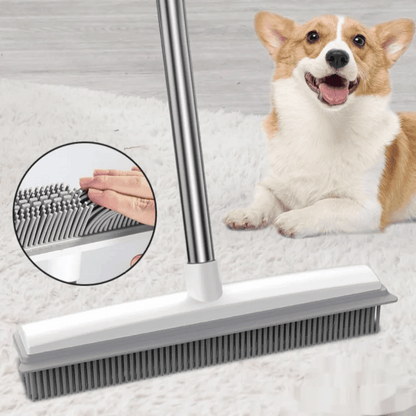 Pet grooming brush with close-up of bristles and a happy dog lying on a carpet.