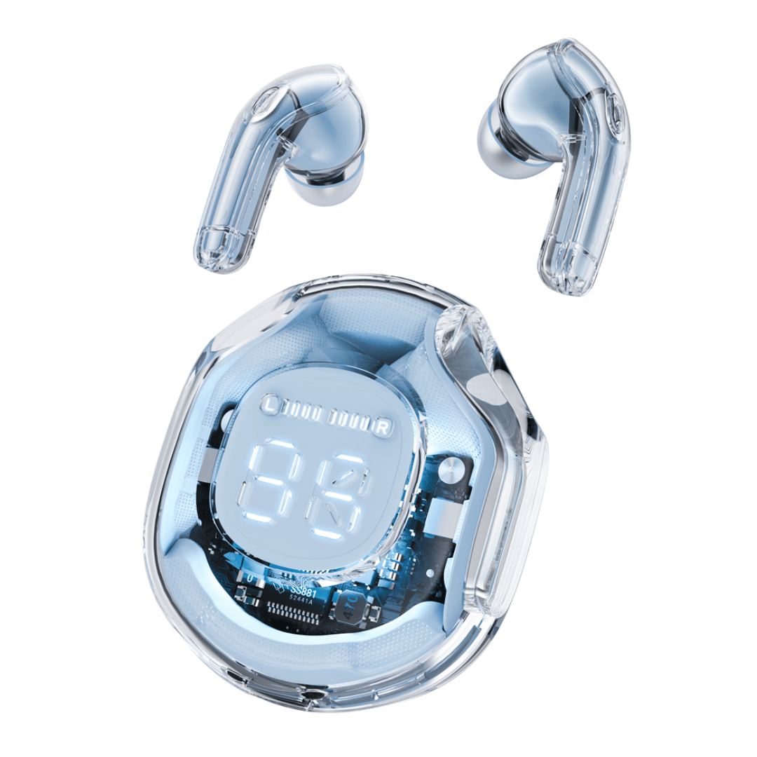 Clear wireless earbuds with charging case on a white background