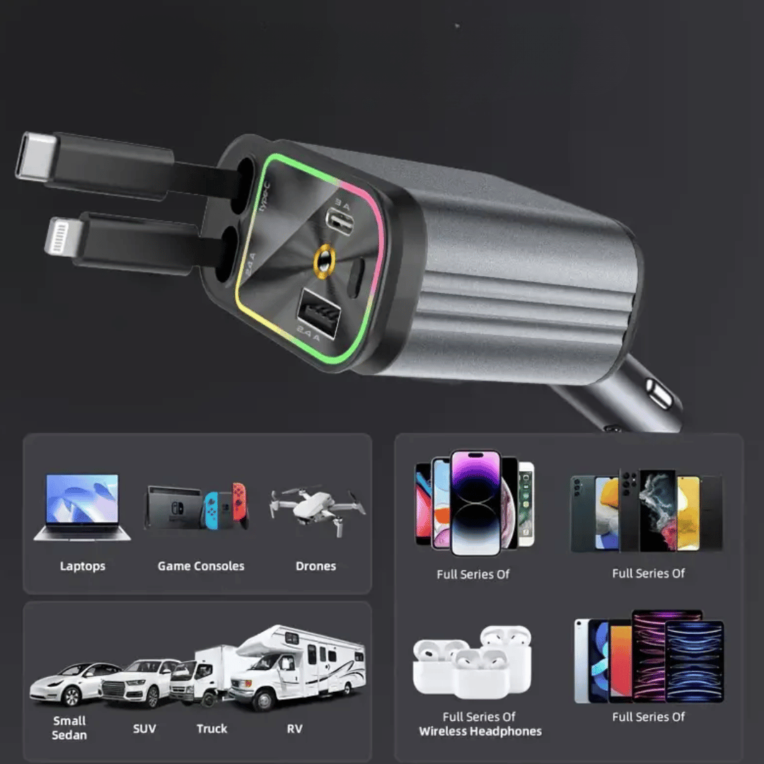 SkyFuse 4-in-1 car charger with 120W power output and LED starry sky design for multiple device charging
