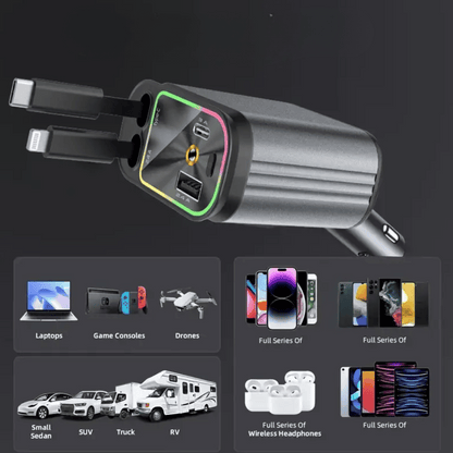 SkyFuse 4-in-1 car charger with 120W power output and LED starry sky design for multiple device charging