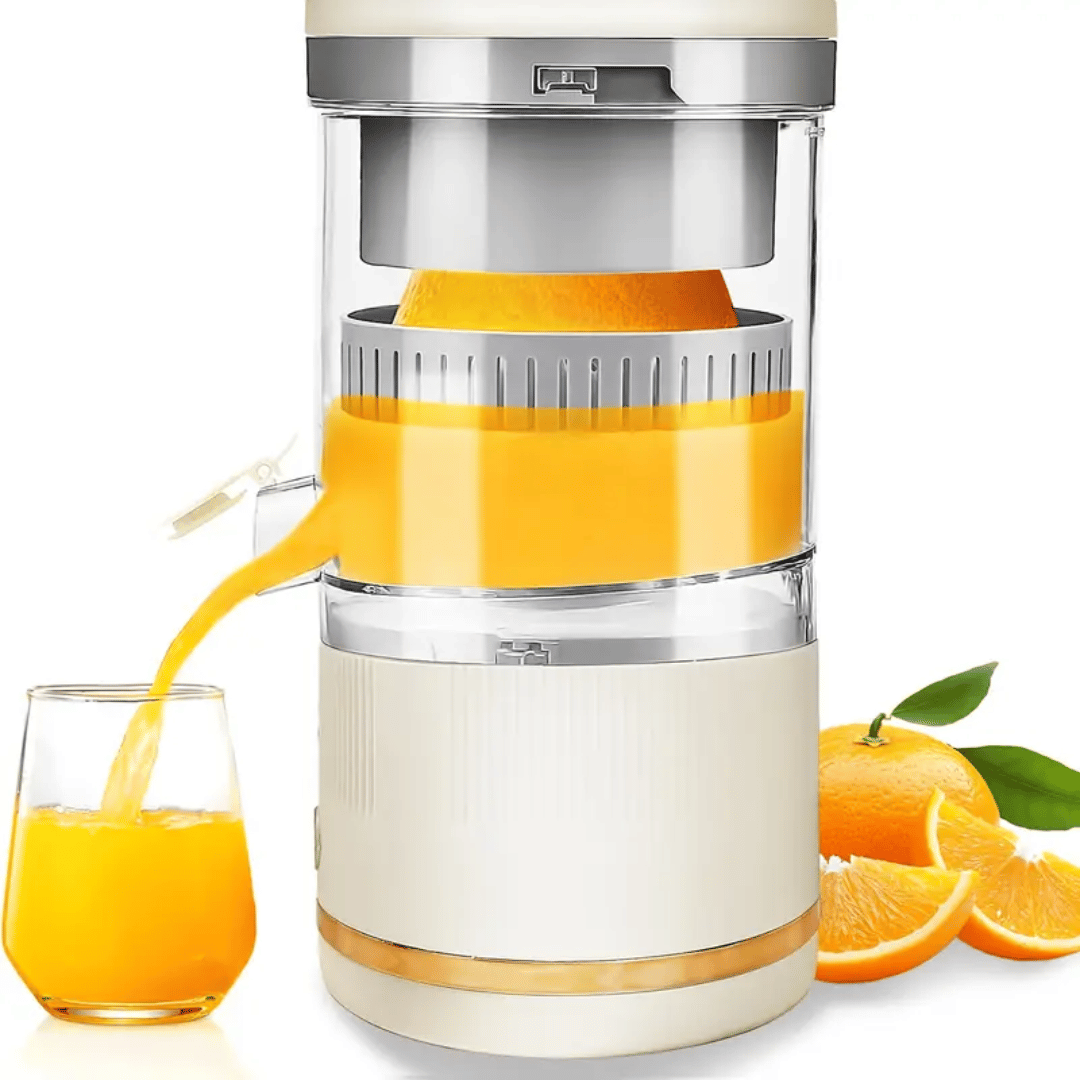 Manual juicer with oranges and a glass of orange juice on a white background