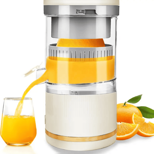 Manual juicer with oranges and a glass of orange juice on a white background