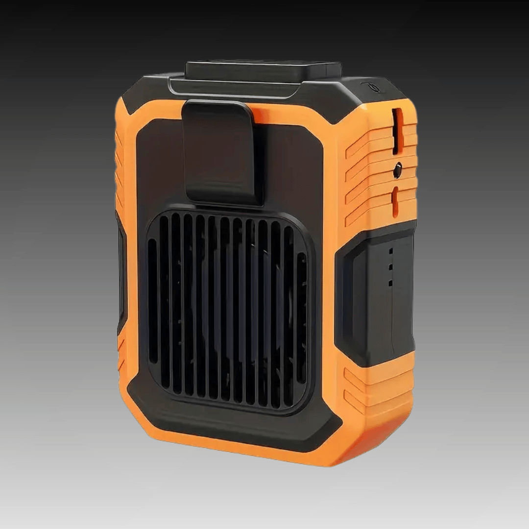 A portable orange and black fan attached to a belt, with a person's pants in the background.