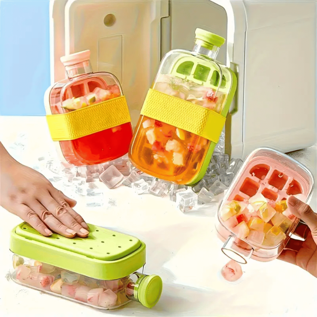 Colorful silicone ice cube trays and bottles on a cooling rack with ice cubes.