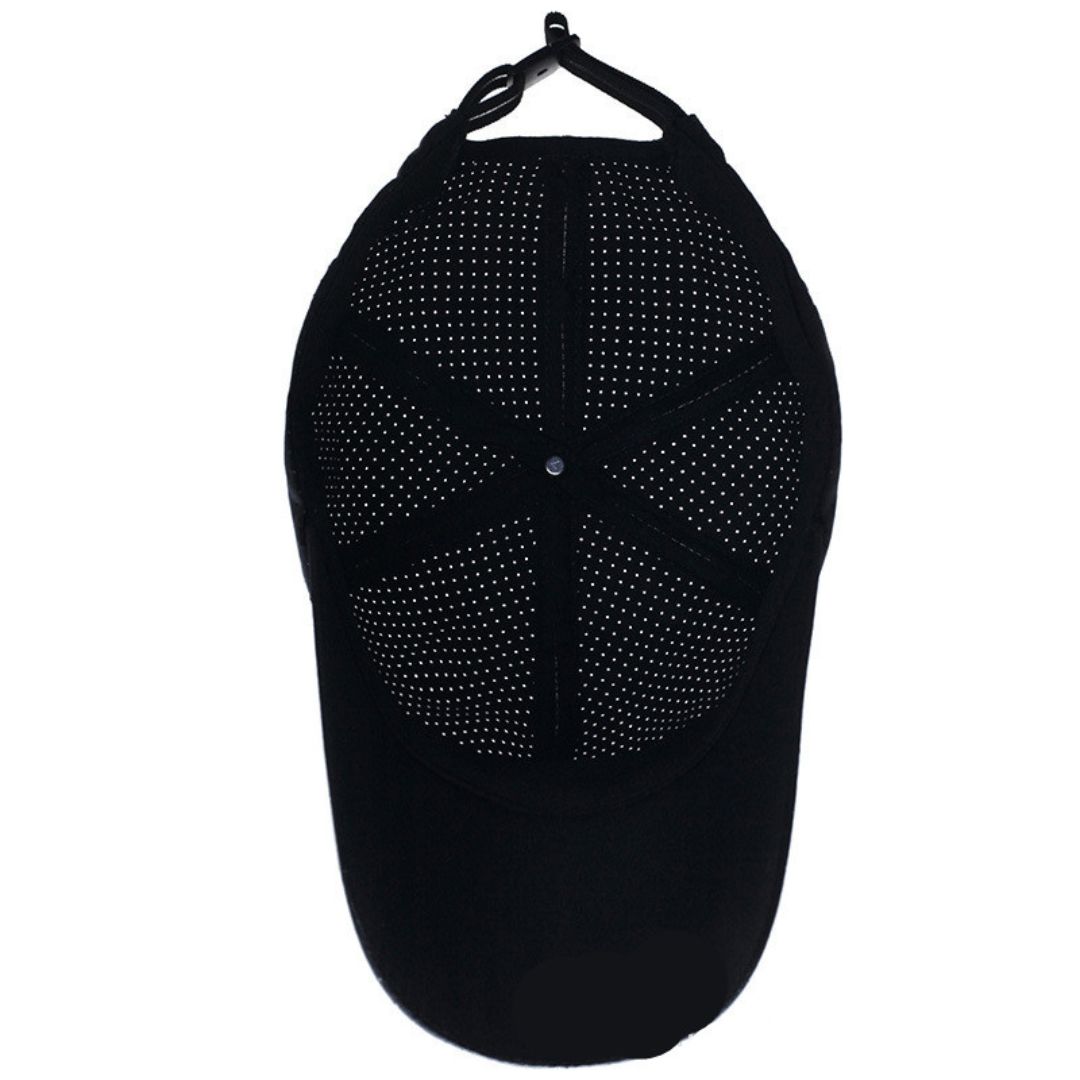 Black cap with rhinestone embellishments on a white background