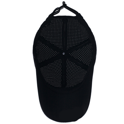 Black cap with rhinestone embellishments on a white background