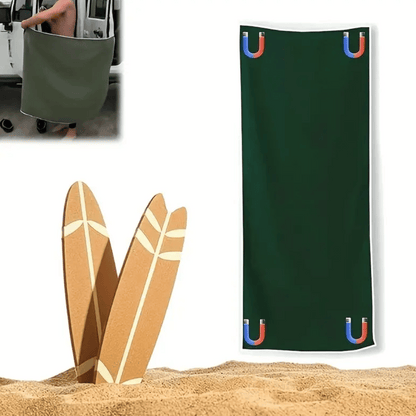An advertisement image for MagnoWrap featuring a green towel with a close-up on the magnetic buckle system, along with icons indicating the towel is breathable, soft, comfortable, and quick-drying.