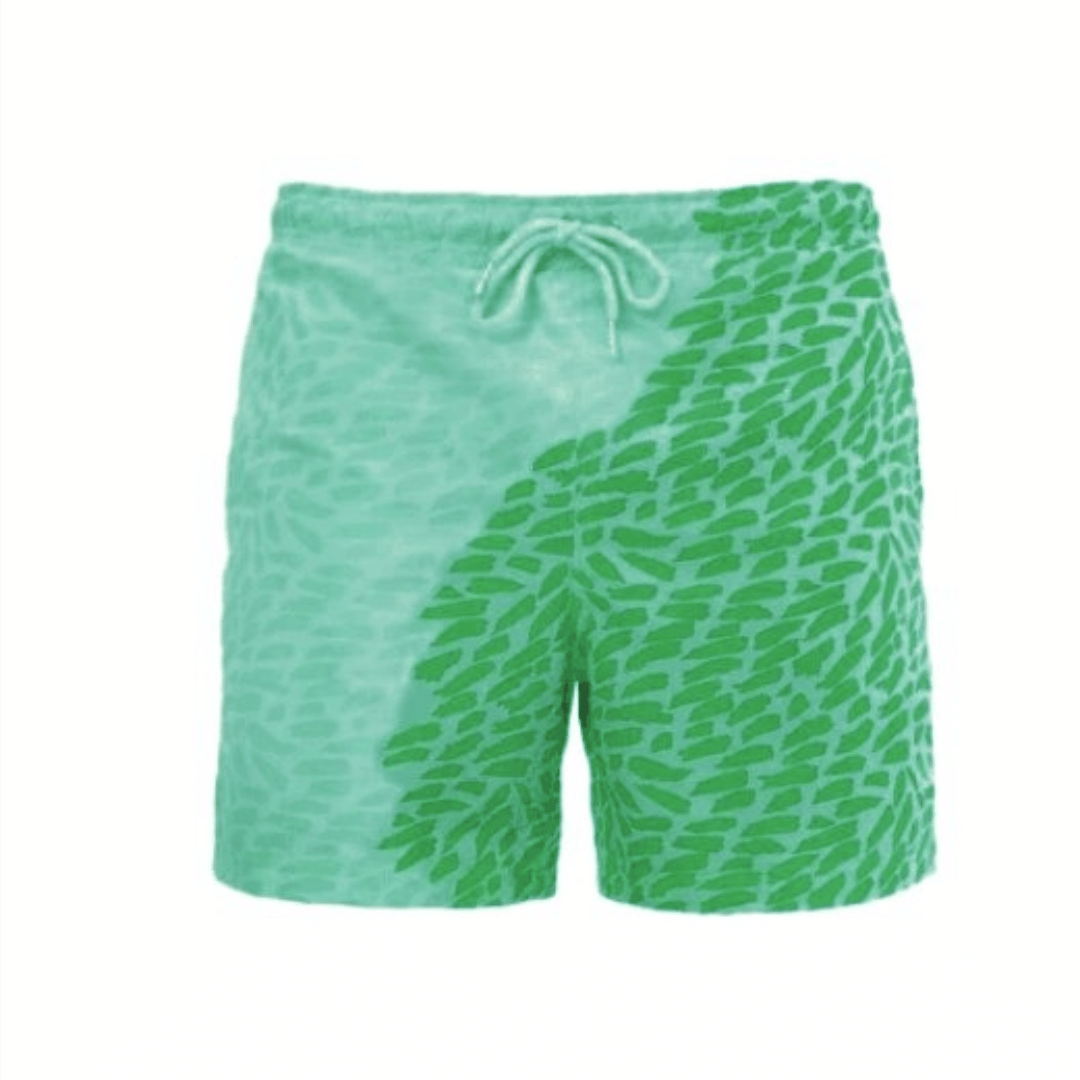 A collection of SplashShift Shorts in various colors, featuring a man modeling the yellow pair, with other pairs shown in blue, orange, and green splattered patterns.