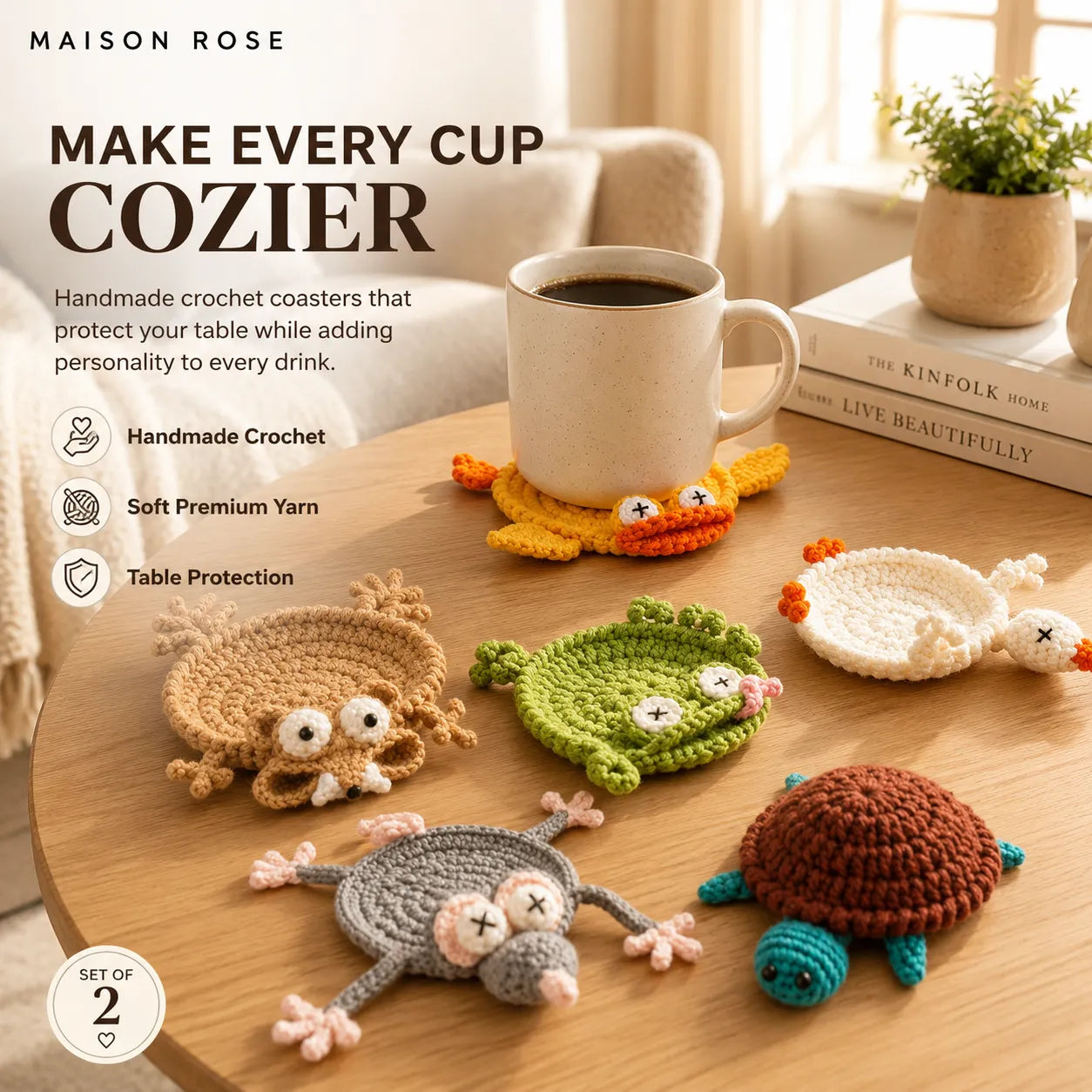 CozyCritters – Hand-Crocheted Animal Coasters
